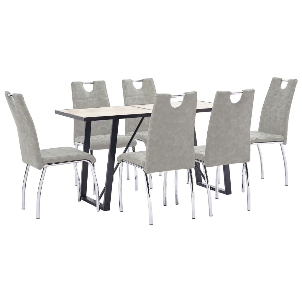Set de 7 piese masa cu 6 scaune de bucatarie, vidaXL, Piele ecologica/Lemn stejar/Metal, 140 x 70 x 75 cm, Gri deschis