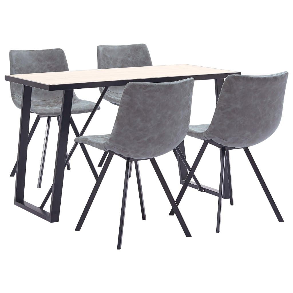 Set de 5 piese masa cu 4 scaune de bucatarie, vidaXL, Piele ecologica/Lemn stejar/Metal, 120 x 60 x 75 cm, Gri inchis mat