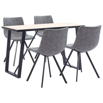 Set de 5 piese masa cu 4 scaune de bucatarie, vidaXL, Piele ecologica/Lemn stejar/Metal, 120 x 60 x 75 cm, Gri inchis mat Set de 5 piese masa cu 4 scaune de bucatarie, vidaXL, Piele ecologica/Lemn stejar/Metal, 120 x 60 x 75 cm, Gri inchis mat