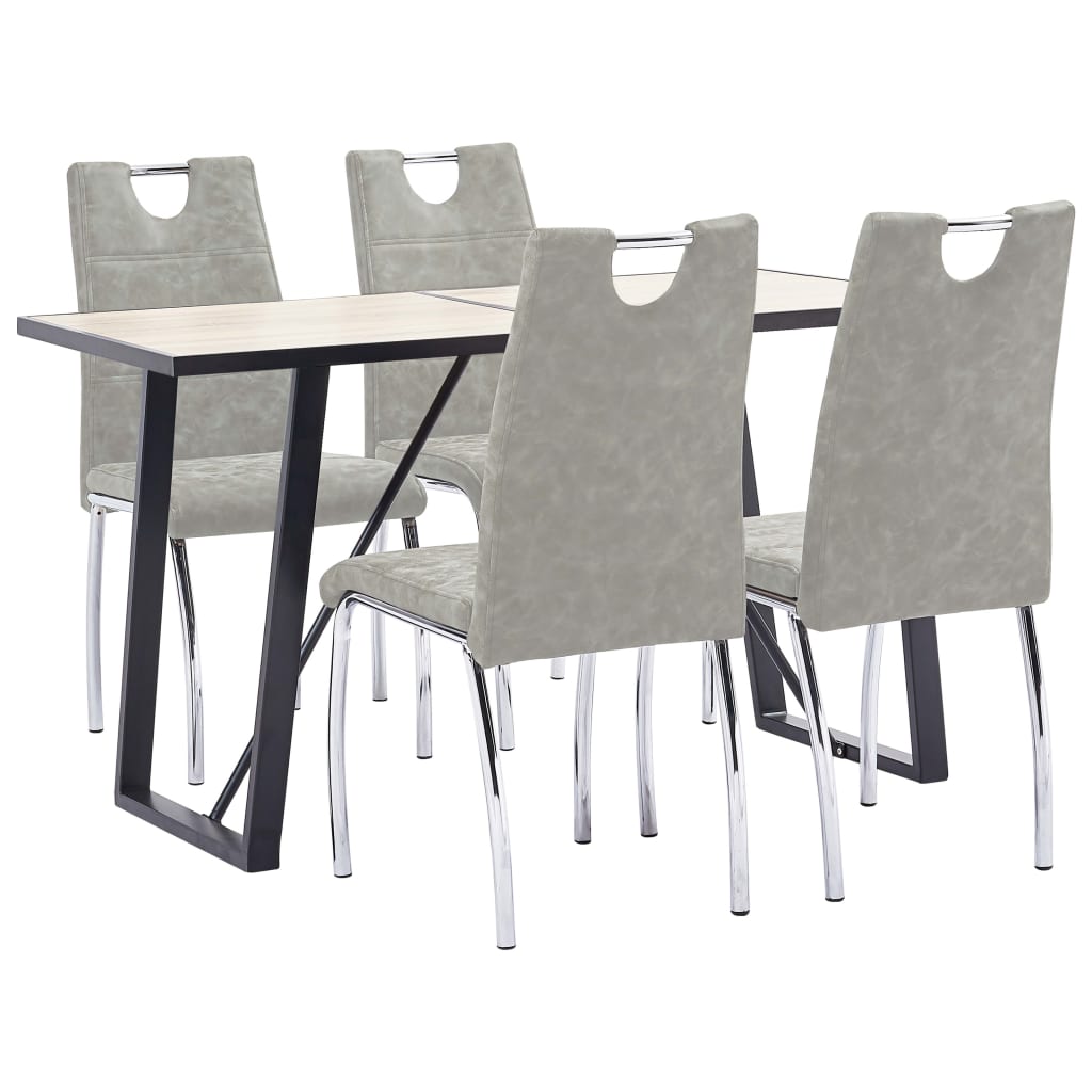 Set de 5 piese masa cu 4 scaune de bucatarie, vidaXL, Piele ecologica/Lemn stejar/Metal, 140 x 70 x 75 cm, Gri deschis