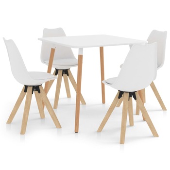 Set mobilier de bucatarie cu 1 masa cu blat alb si 4 scaune tapitate, vidaXL, Piele artificiala, 80 x 80 x 75 cm, Alb Set mobilier de bucatarie cu 1 masa cu blat alb si 4 scaune tapitate, vidaXL, Piele artificiala, 80 x 80 x 75 cm, Alb