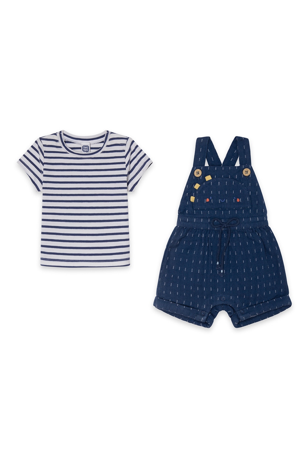 Tuc Tuc, Set 2 piese, tricou si salopeta cu imprimeu, Bleumarin/Alb