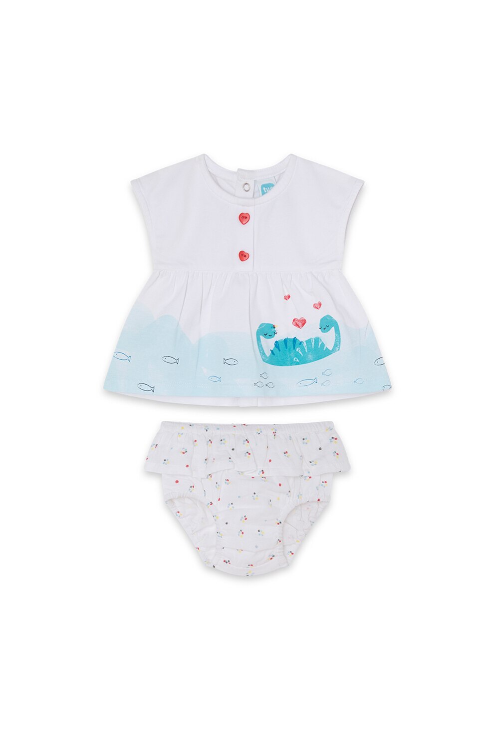 Tuc Tuc, Set 2 piese de bluza si pantaloni scurti cu imprimeu, Alb/Albastru