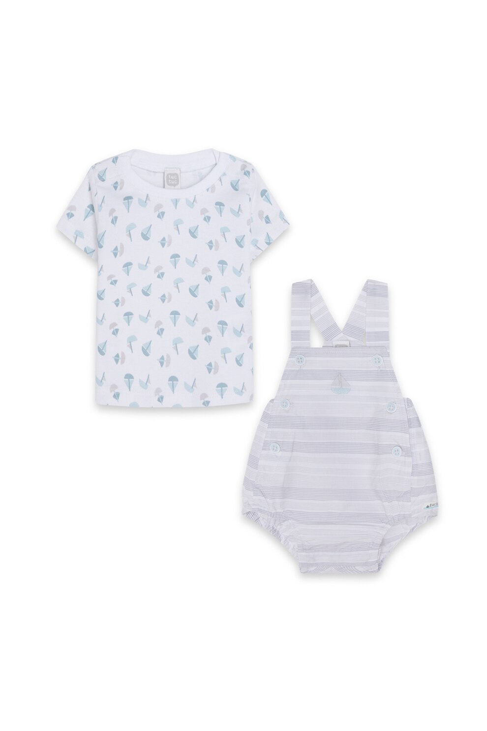 Tuc Tuc, Set 2 piese de tricou si salopeta cu imprimeu, Alb/Gri
