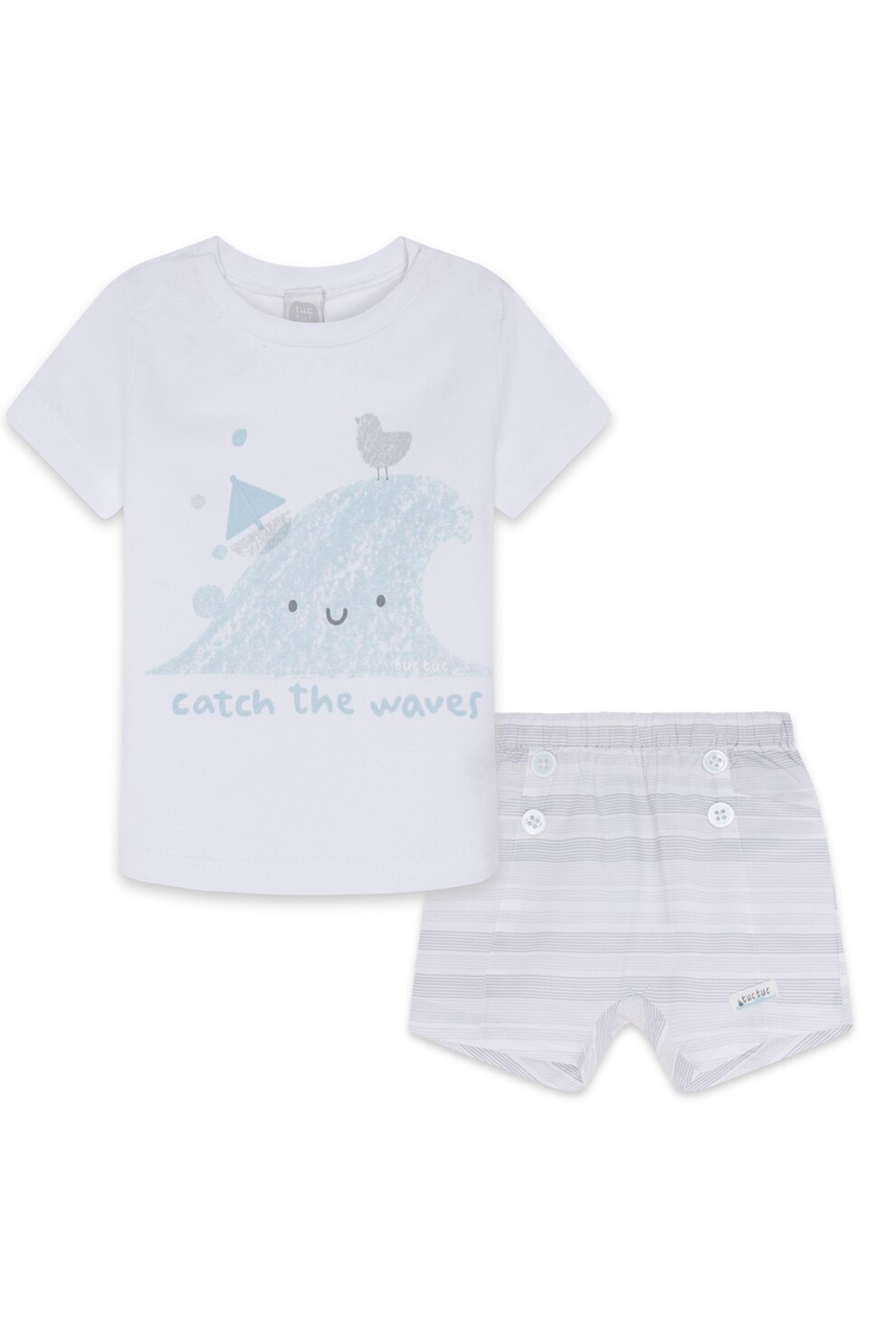 Tuc Tuc, Set 2 piese de tricou si pantaloni scurti cu imprimeu, Alb/Bleu