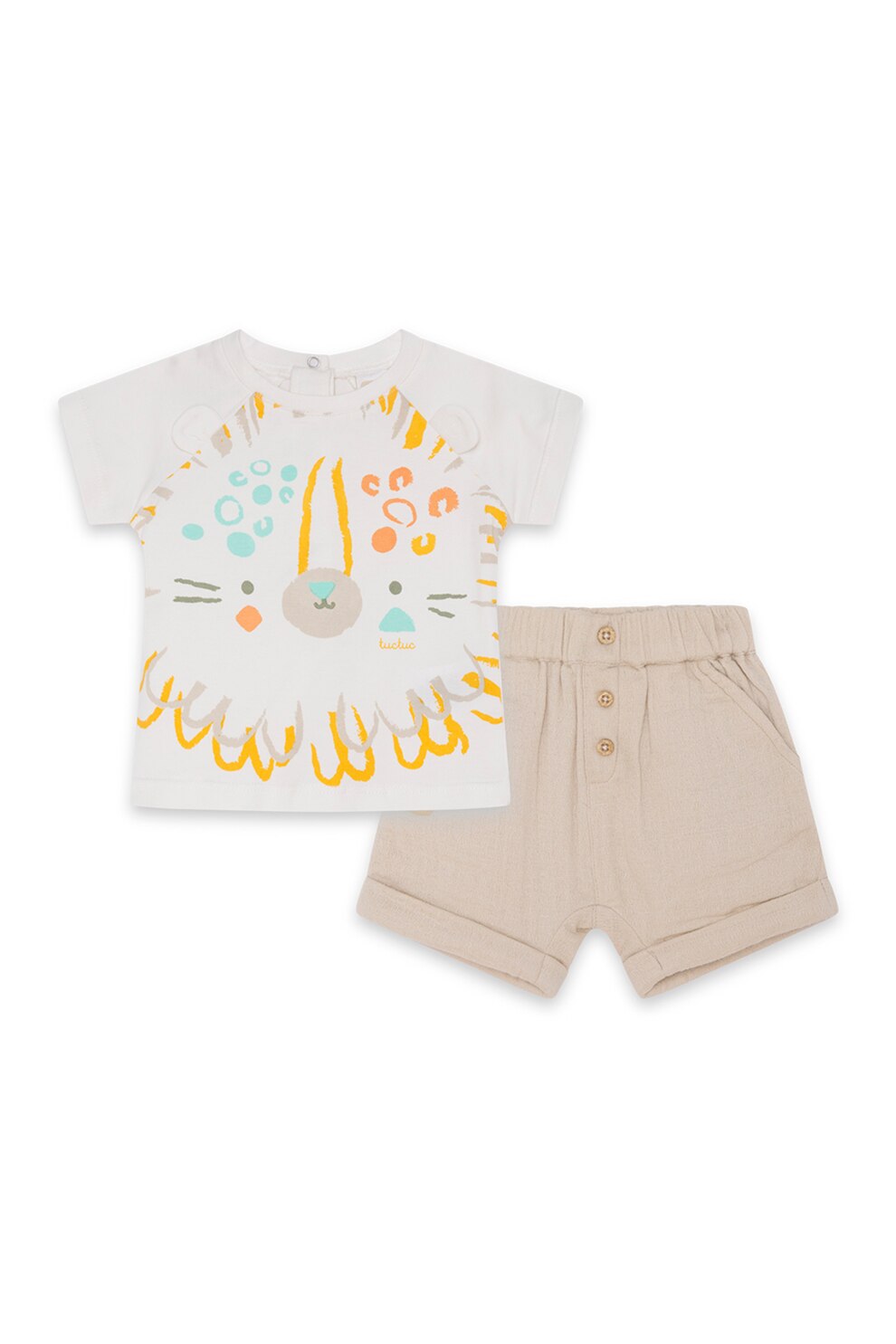 Tuc Tuc, Set 2 piese - tricou si pantaloni scurti cu imprimeu, Alb/Bej