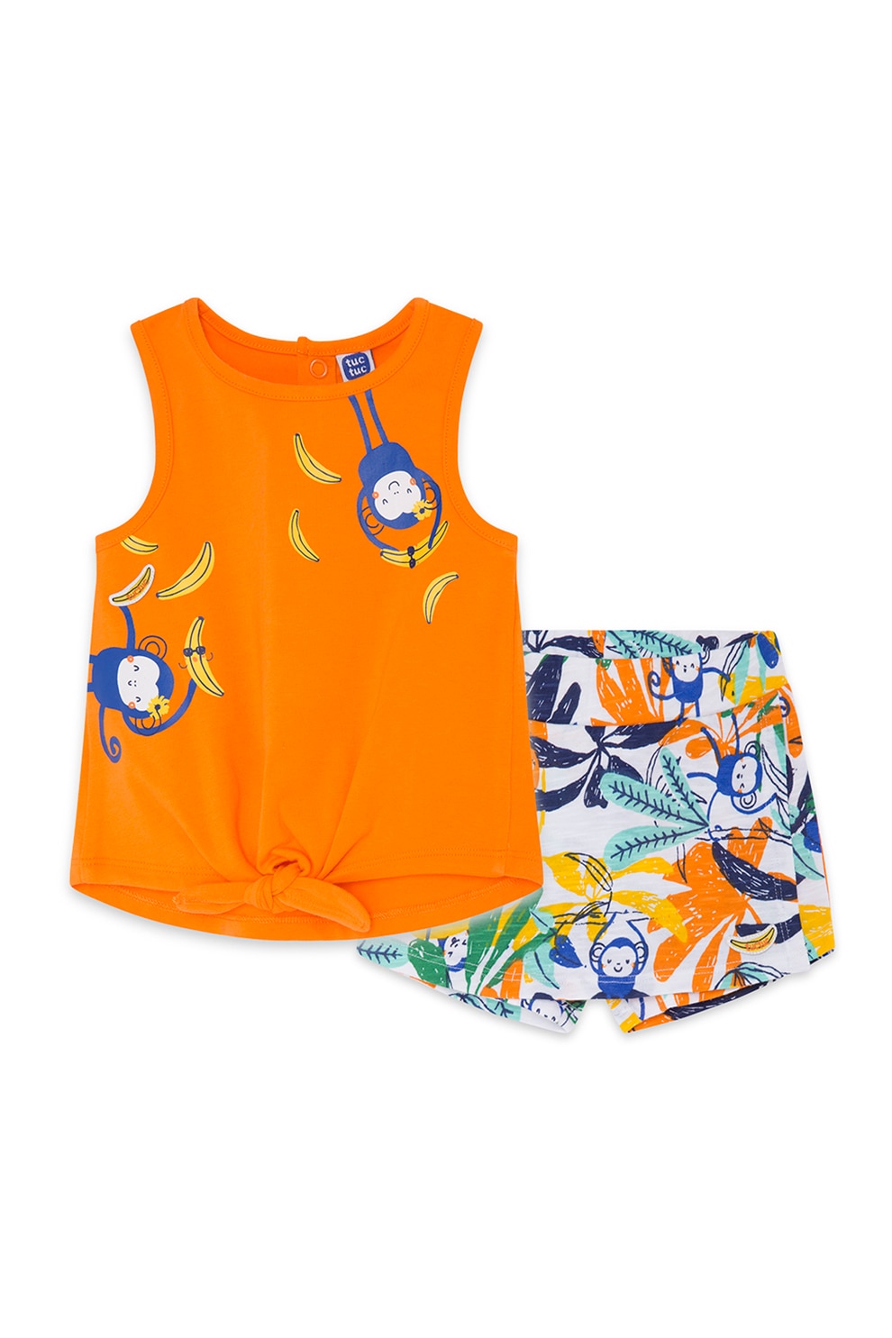 Tuc Tuc, Set de top cu terminatie cu nod si pantaloni scurti, Portocaliu/Albastru