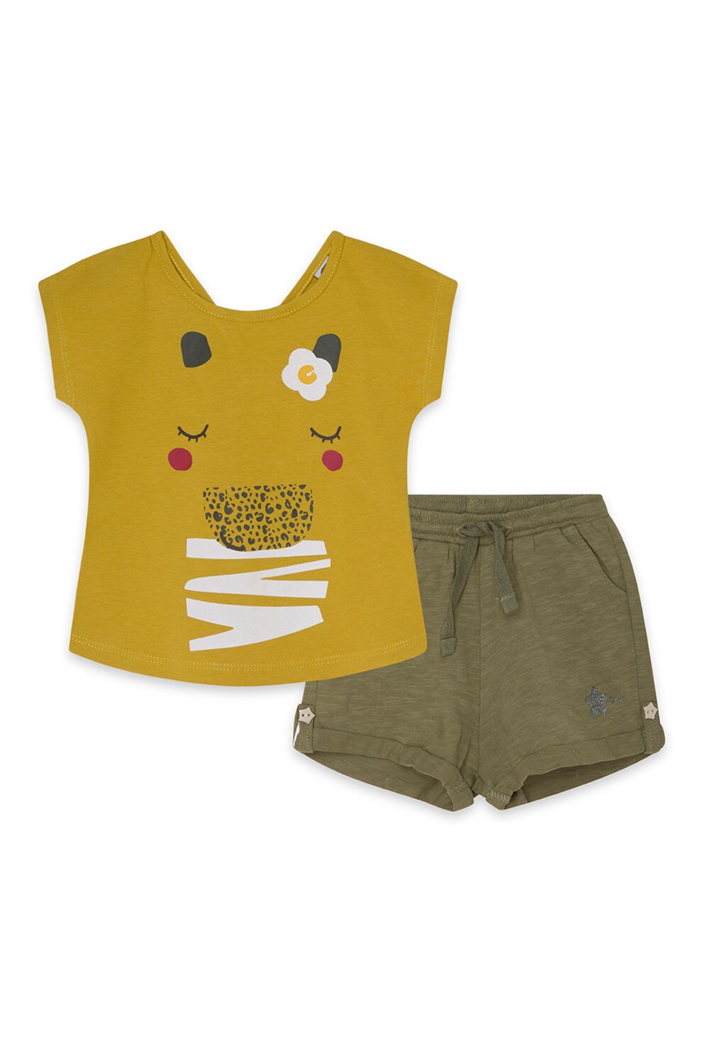 Tuc Tuc, Set de tricou si pantaloni scurti din jerseu cu imprimeu frontal, Galben mustar/Verde militar