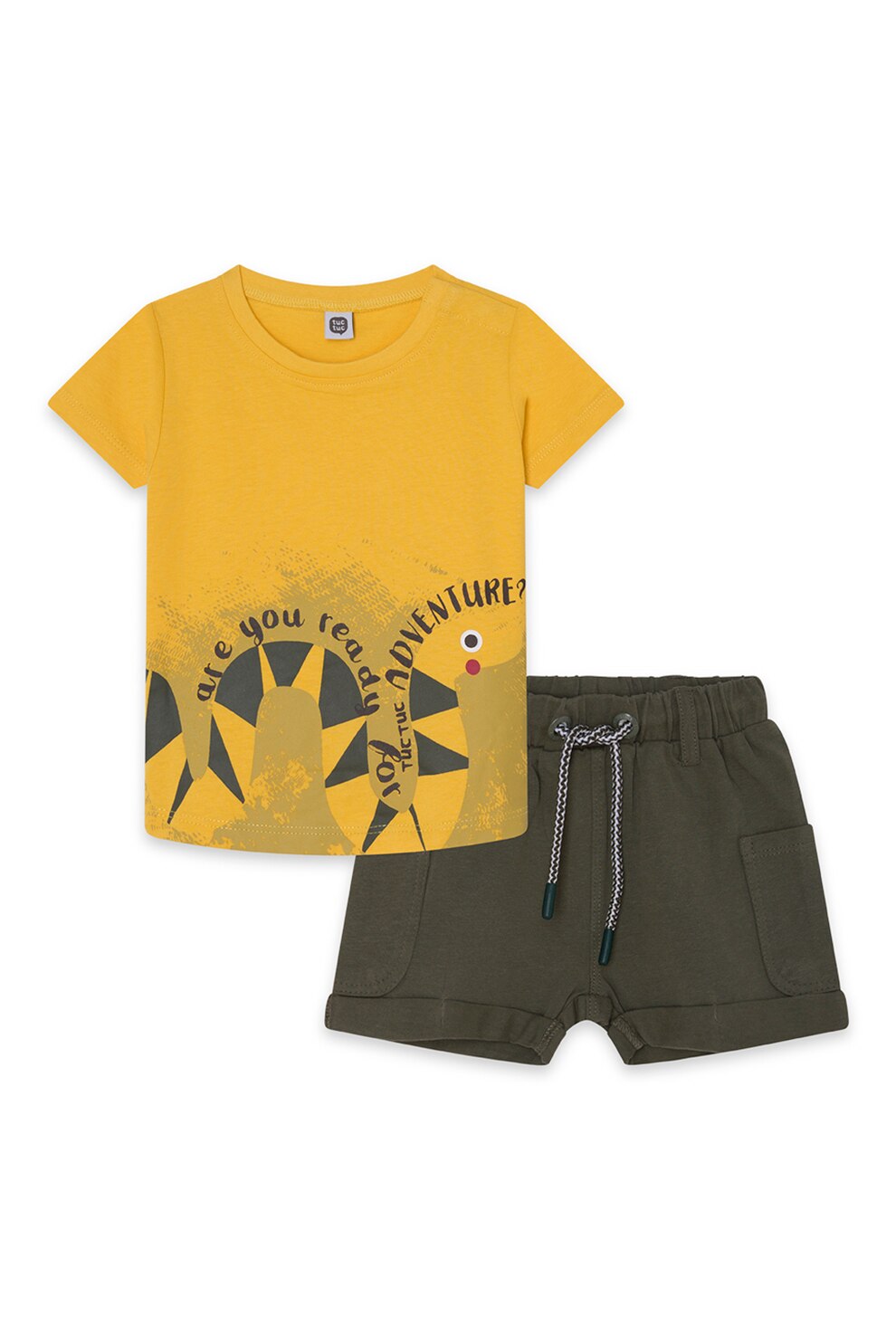 Tuc Tuc, Set de pantaloni scurti cargo din jerseu si tricou cu decolteu la baza gatului, Galben/verde forest