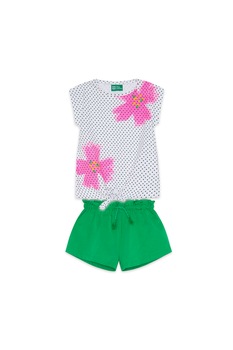 Tuc Tuc, Set de tricou si pantaloni scurti, Alb/Verde/Roz Tuc Tuc, Set de tricou si pantaloni scurti, Alb/Verde/Roz