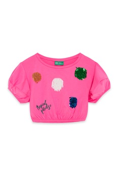 Tuc Tuc, Tricou crop cu aplicatii cu paiete, Roz, 145-152 CM Tuc Tuc, Tricou crop cu aplicatii cu paiete, Roz, 145-152 CM