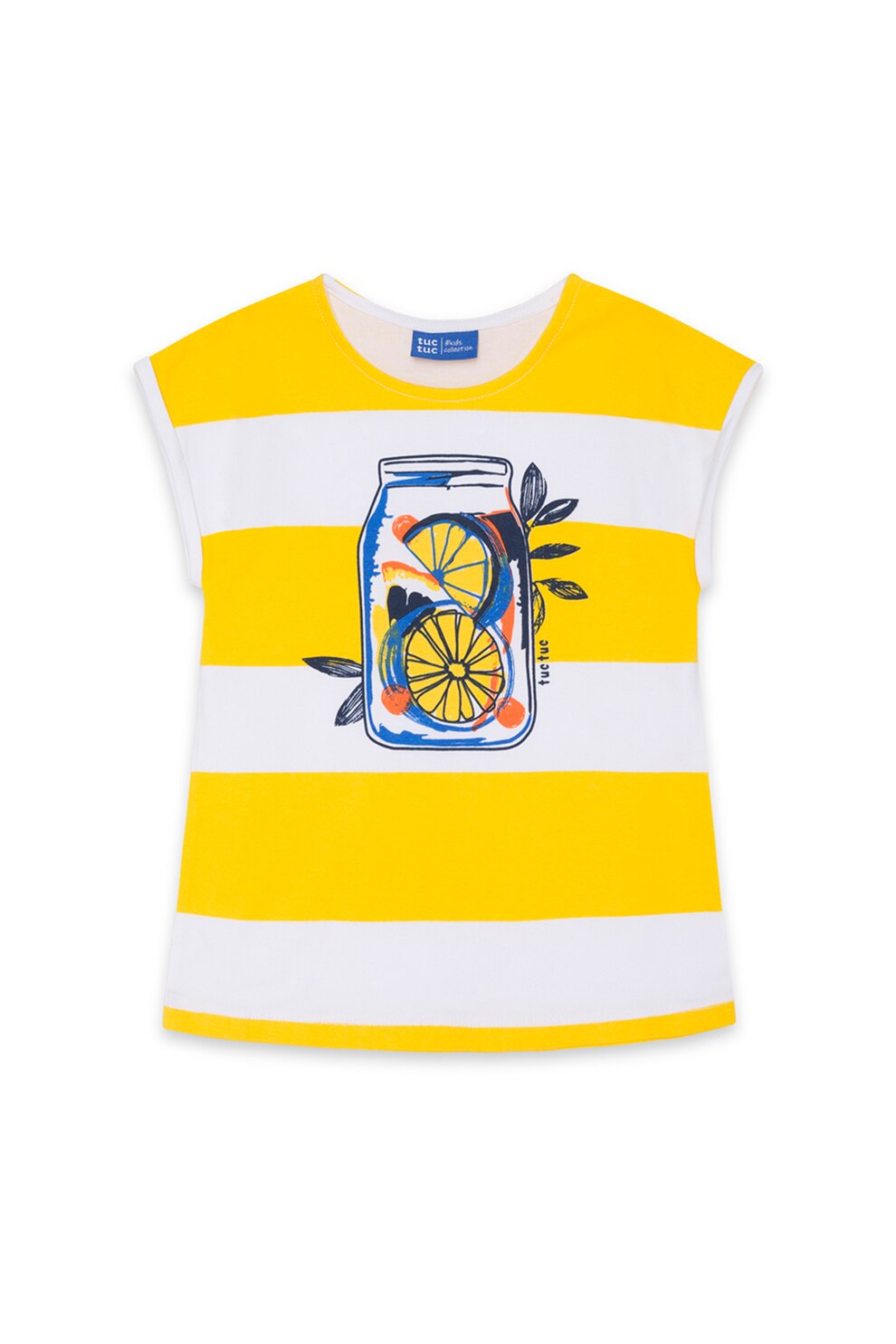 Tuc Tuc, Tricou cu model in dungi si imprimeu grafic, Galben/Alb