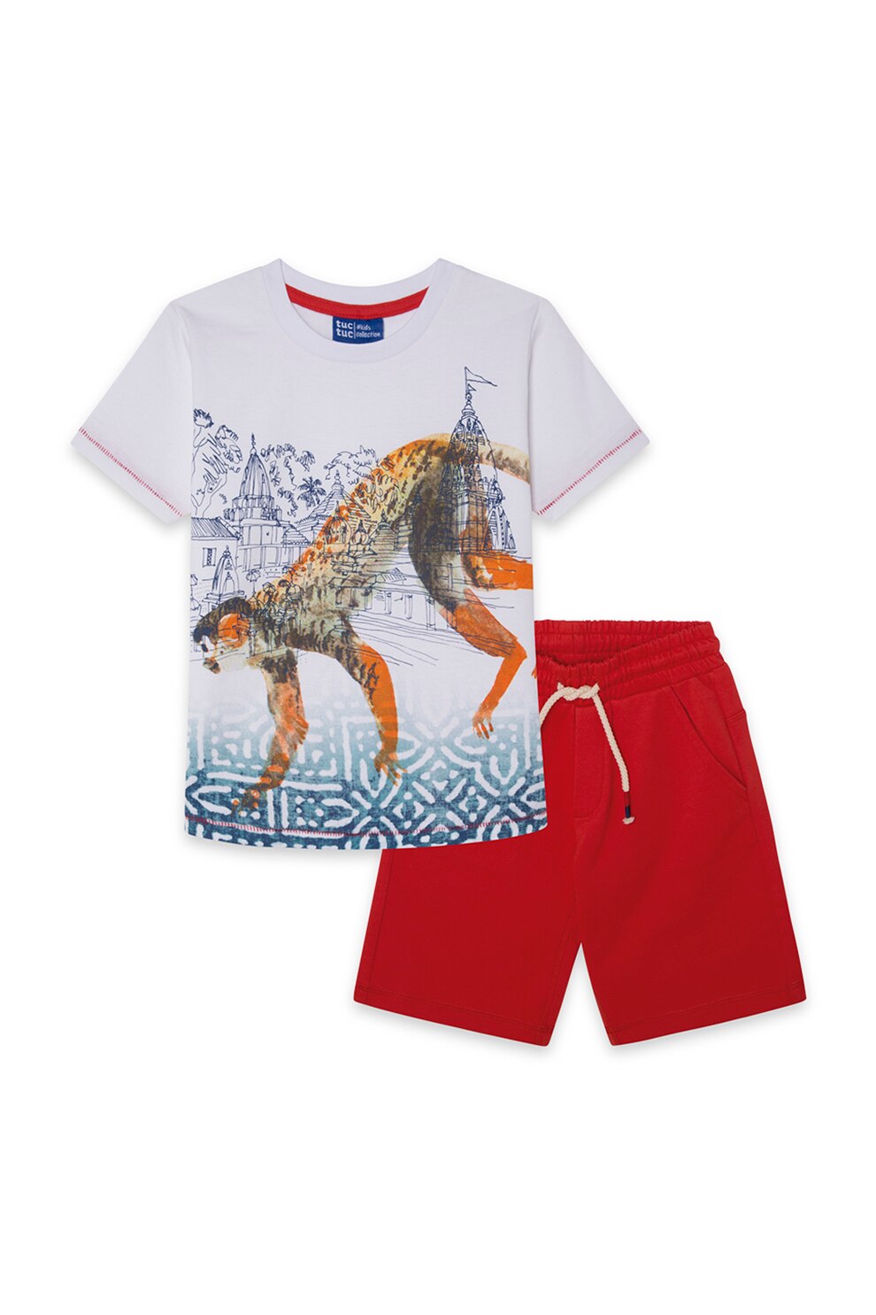 Tuc Tuc, Set de tricou si pantaloni scurti cu imprimeu, Alb/Rosu