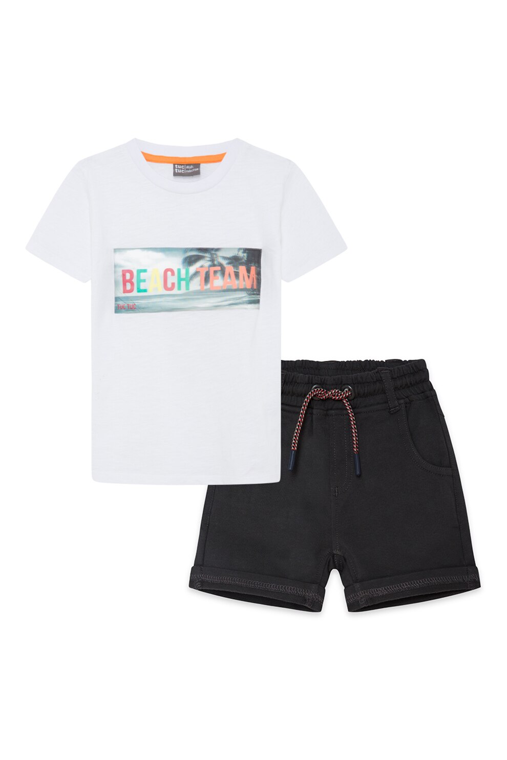 Tuc Tuc, Set de tricou si pantaloni scurti cu imprimeu, Alb/Gri inchis