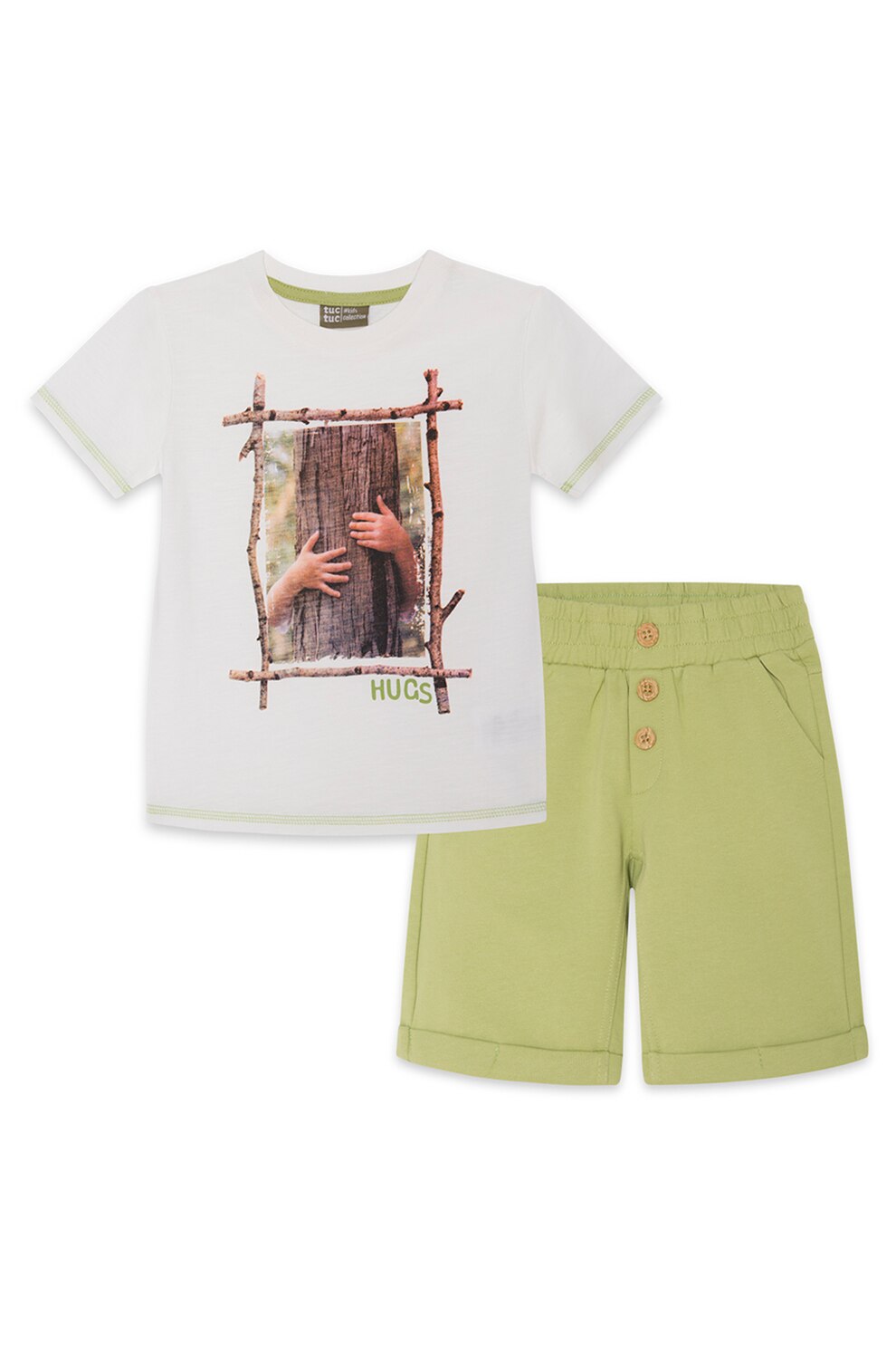 Tuc Tuc, Set de tricou si pantaloni scurti cu imprimeu, Alb/Verde fistic