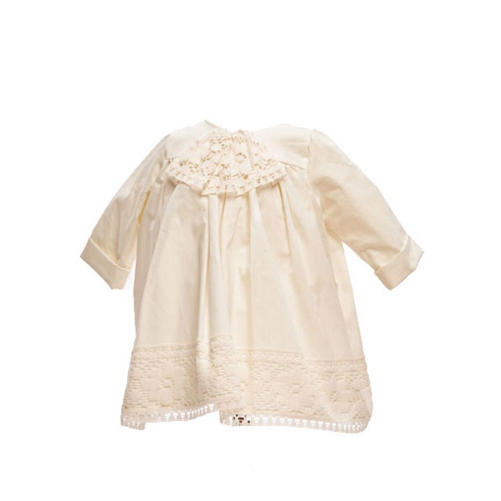 Rochie de Botez “Talla”, cu broderie, captusita cu bumbac, alb unt, 0-6 luni