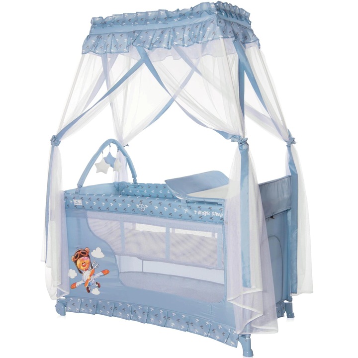 LORELLI Magic Sleep Összecsukható ágy, Baldachinnal, Tartozékokkal, Kék, Hercegnős
