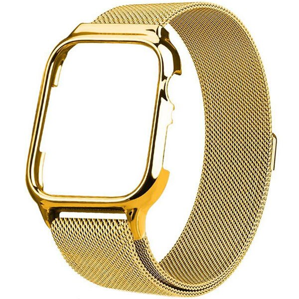 Curea iUni compatibila cu Apple Watch 1/2/3/4/5/6, 38mm, Milanese Loop, carcasa protectie incorporata, Gold