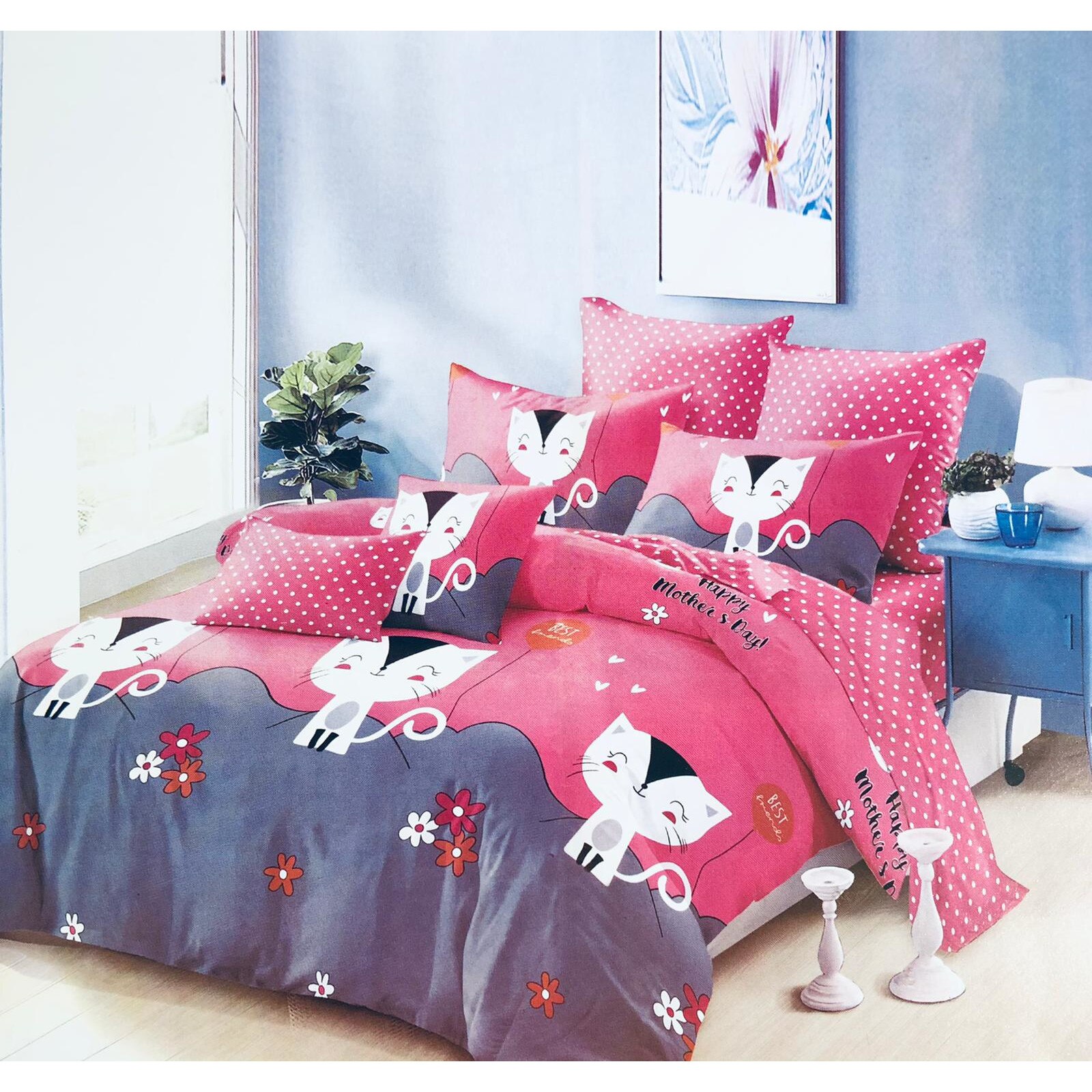 Lenjerie de pat 2 persoane, 6 piese, 2 fete, Finet, Roz cu Pisici, LikeStore