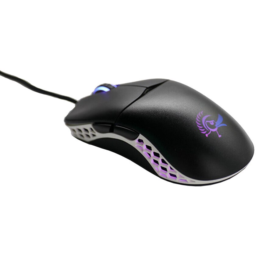 Mouse gaming Ducky White Feather, ultrausor 65g, cablu paracord, 16k DPI, clickswitch Omron D2FC-F-K, Negru-Alb