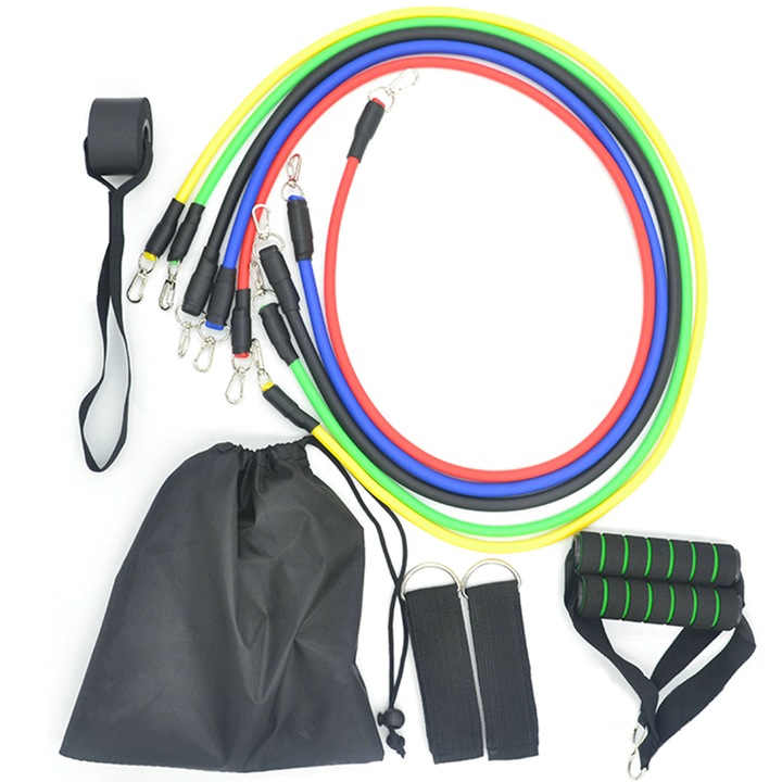 Тренировъчен комплект от 11 части, 5 фитнес ленти/екстензорни въжета, 2 дръжки от пяна, 2 ленти за глезена, закрепване на вратата, 1 чанта за съхранение, регулируем интензитет