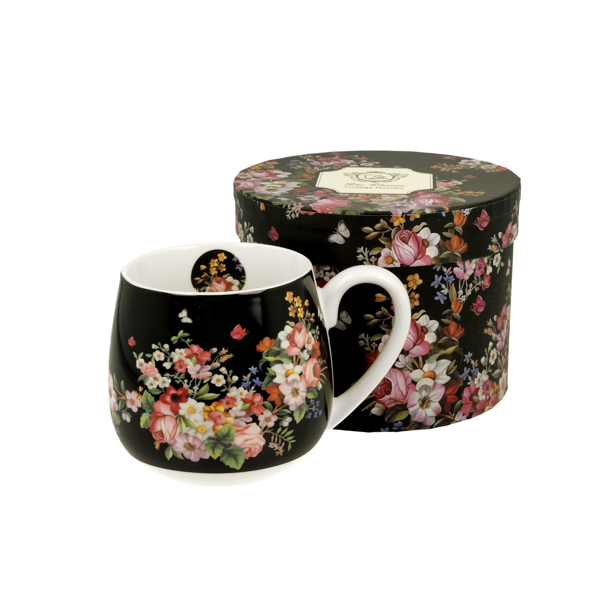 Cana, Duo Art Gallery Vintage Flowers Negru, 430 ml, Portelanat, cafea sau ceai