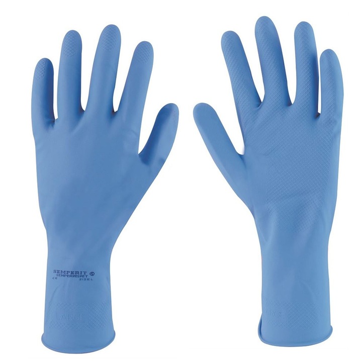 Латексови антихимични защитни ръкавици Sempervelvet - 0.45 MM/300MM 2100, син цвят, размер 7
