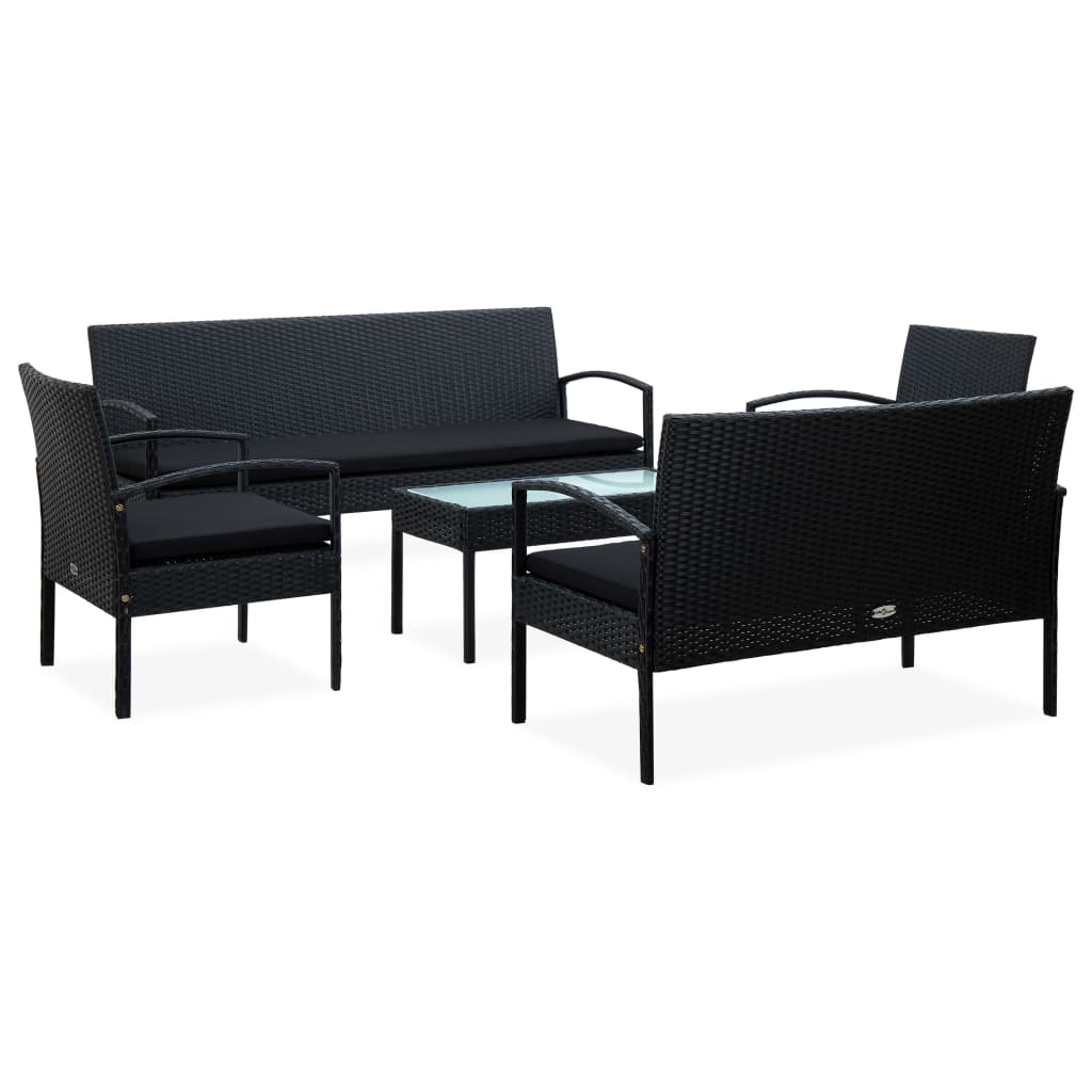 Set mobilier de gradina cu 2 canapele, 2 scaune si 1 masa cu perne incluse, vidaXL, Poliratan, 155 x 58 x 72cm, Negru