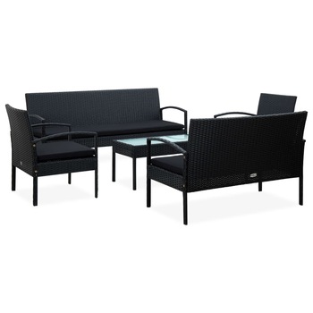 Set mobilier de gradina cu 2 canapele, 2 scaune si 1 masa cu perne incluse, vidaXL, Poliratan, 155 x 58 x 72cm, Negru Set mobilier de gradina cu 2 canapele, 2 scaune si 1 masa cu perne incluse, vidaXL, Poliratan, 155 x 58 x 72cm, Negru
