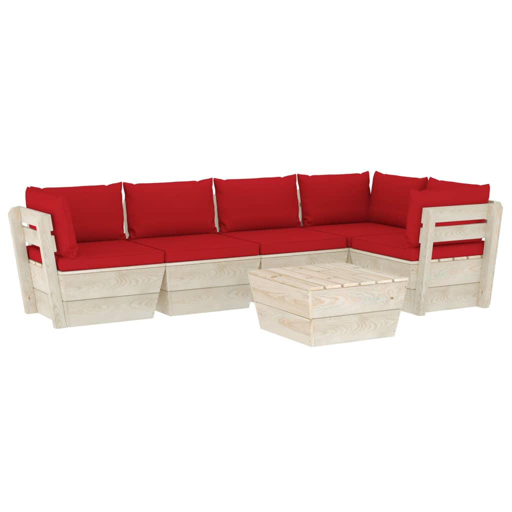 Set mobilier de gradina cu spatar cu 6 piese cu perne colorate incluse, vidaXL, Lemn, 60 x 60 x 65cm, Rosu