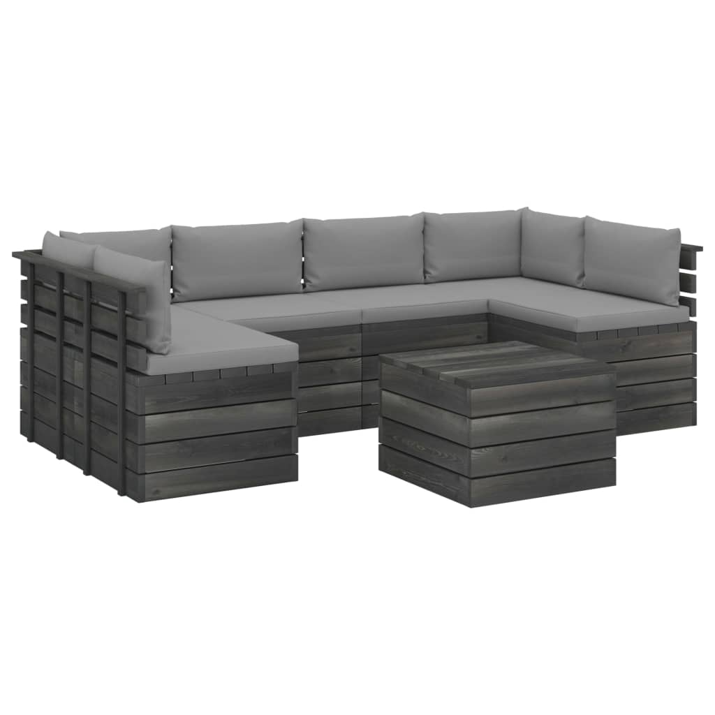 Set mobilier de gradina cu 7 piese cu perne colorate, vidaXL, Lemn, 60 x 65 x 71.5cm, Gri