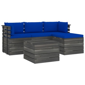 Set mobilier de gradina cu 5 piese cu spatar cu 9 perne incluse, vidaXL, Lemn, 60 x 65 x 71.5 cm, Albastru