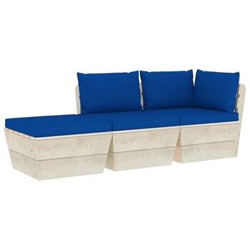 Set mobilier de gradina cu 3 piese cu perne colorate incluse, vidaXL, Lemn, 60 x 60 x 65 cm, Albastru