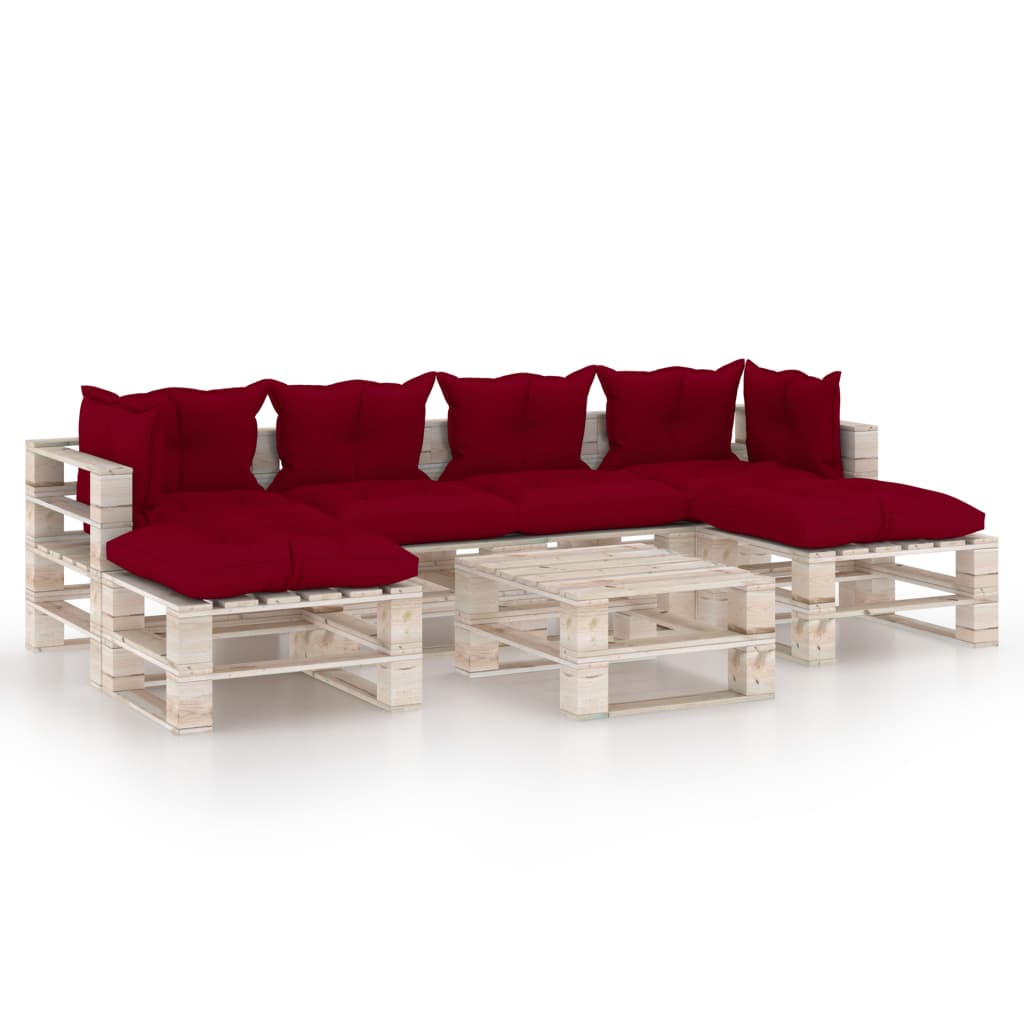 Set mobilier gradina din paleti cu 7 piese cu perne colorate incluse, vidaXL, Lemn, 70 x 67.5 x 62 cm, Rosu