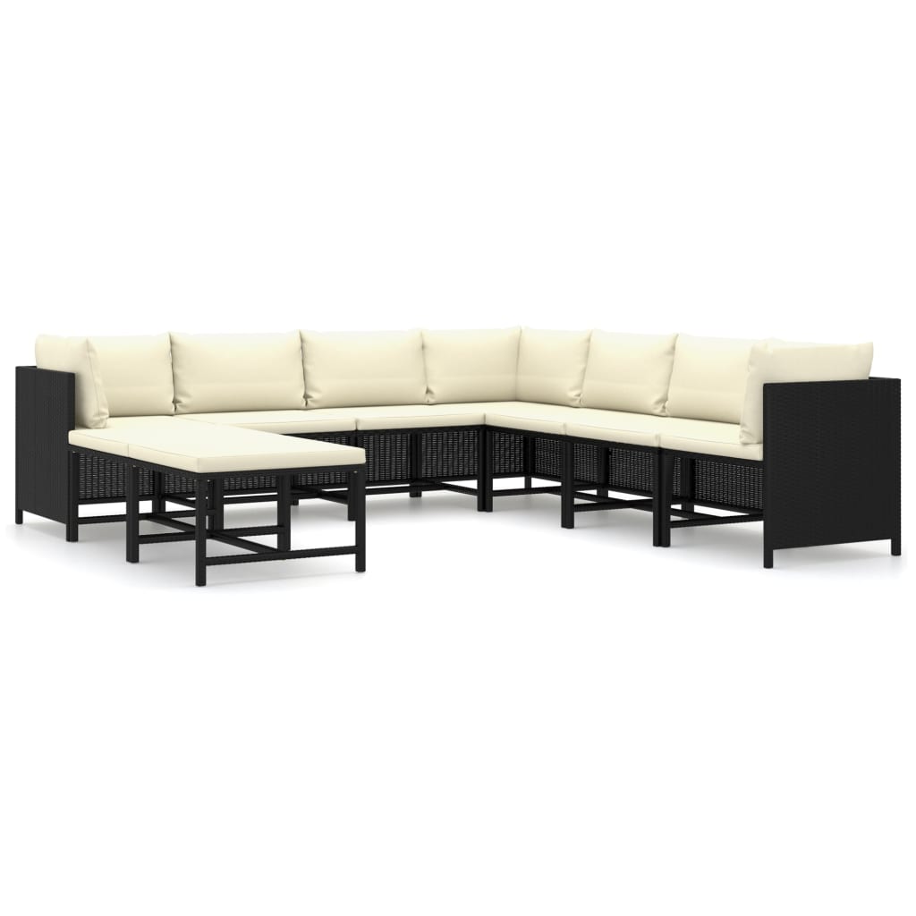 Set mobilier de gradina cu 9 piese cu perne incluse, vidaXL, Poliratan, 60 x 60 x 60 cm, Negru