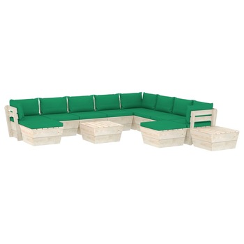 Set mobilier de gradina cu 12 piese cu perne colorate incluse, vidaXL, Lemn, 60 x 60 x 65 cm, Verde Set mobilier de gradina cu 12 piese cu perne colorate incluse, vidaXL, Lemn, 60 x 60 x 65 cm, Verde