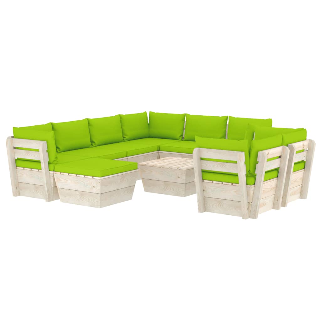 Set mobilier de gradina cu 10 piese cu perne colorate incluse, vidaXL, Lemn, 60 x 60 x 65 cm, Verde deschis