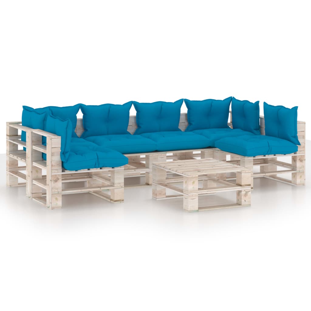 Set mobilier de gradina din paleti cu 6 corpuri de canapea si 1 masa cu perne incluse, vidaXL, Lemn, 70 x 67.5 x 62 cm, Albastru
