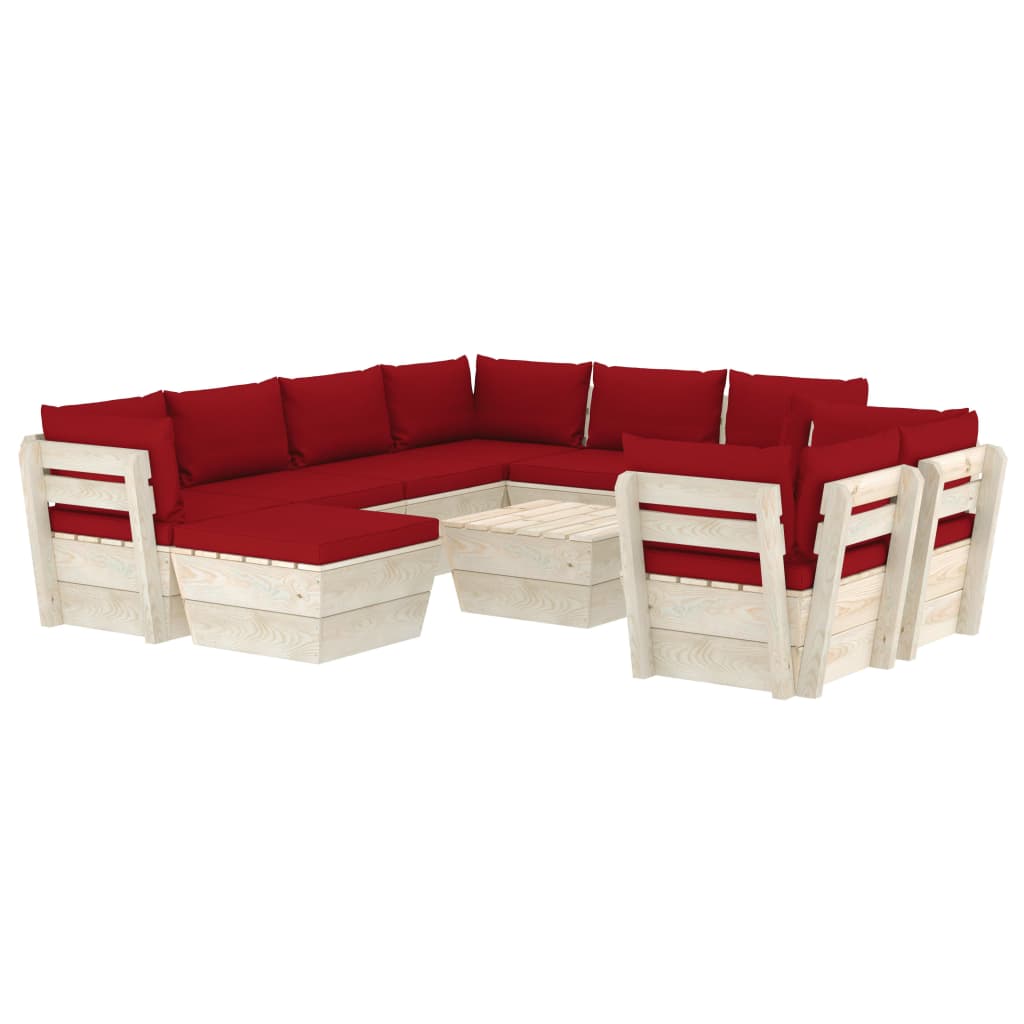 Set mobilier de gradina cu 10 piese cu perne colorate incluse, vidaXL, Lemn, 60 x 60 x 65 cm, Rosu inchis