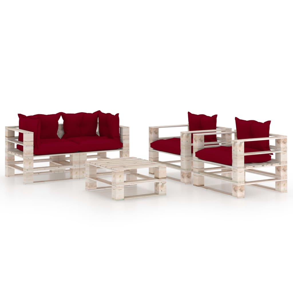 Set mobilier de gradina cu 2 fotolii, 2 canapele de colt cu perne si 1 masa din paleti, vidaXL, Lemn, 70 x 67.5 x 62 cm, Rosu