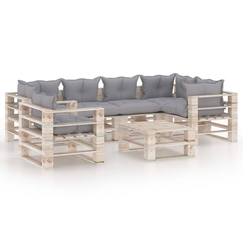 Set mobilier de gradina din paleti cu 6 piese cu perne colorate incluse, vidaXL, Lemn, 70 x 67.5 x 62 cm, Gri
