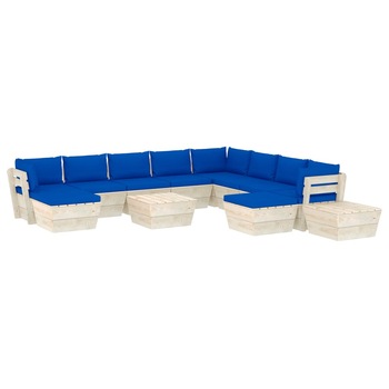 Set mobilier de gradina cu 12 piese cu perne colorate incluse, vidaXL, Lemn, 60 x 60 x 65 cm, Albastru Set mobilier de gradina cu 12 piese cu perne colorate incluse, vidaXL, Lemn, 60 x 60 x 65 cm, Albastru