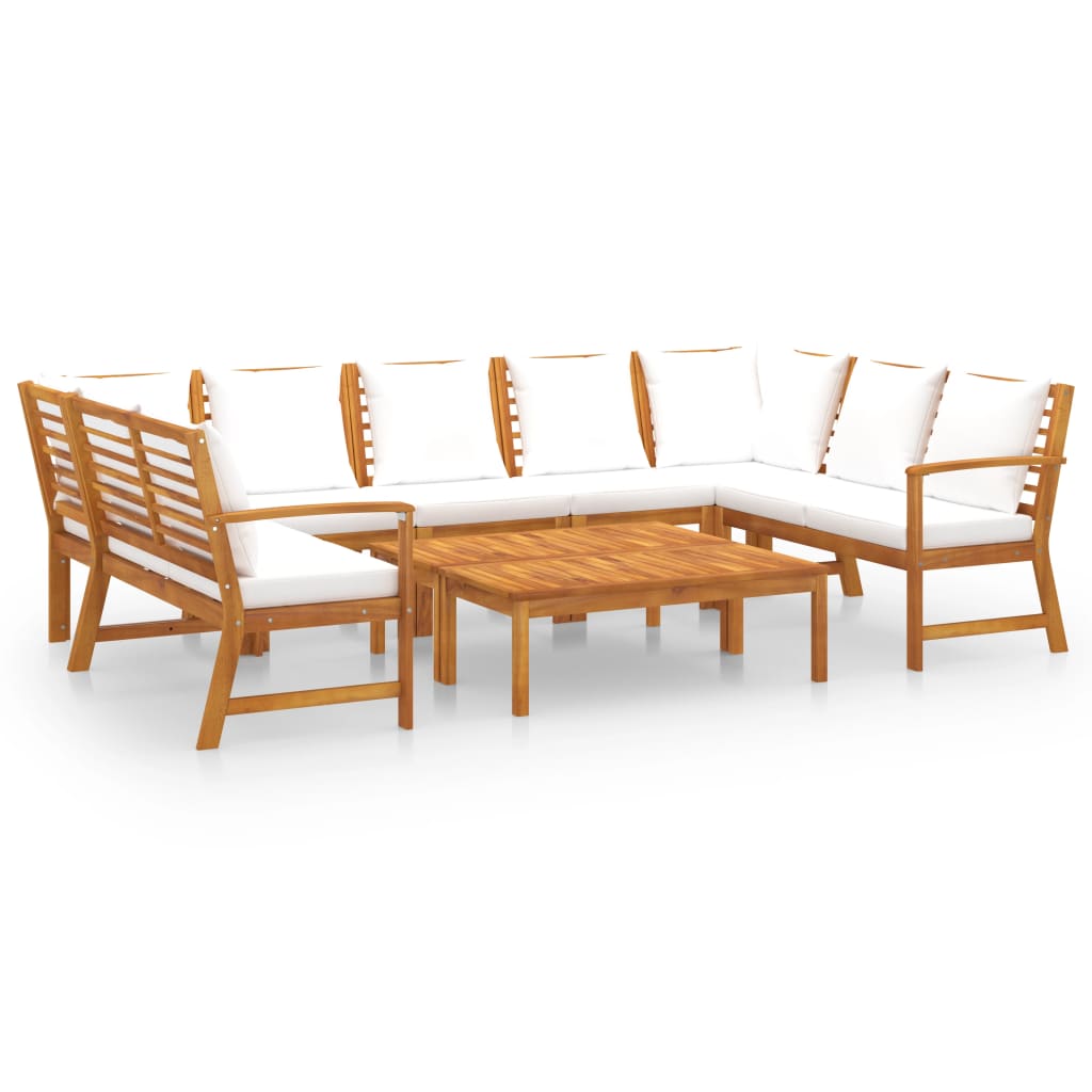 Set mobilier de gradina cu 9 piese cu perne albe incluse, vidaXL, Lemn de acacia, 114.5 x 60.5 x 81 cm, Maro