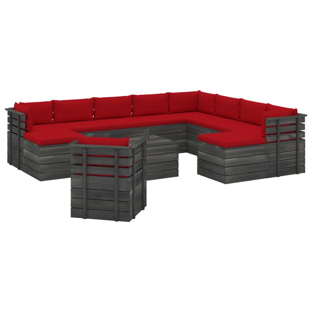 Set mobilier de gradina cu 12 piese cu perne incluse, vidaXL, Lemn, 70 x 65 x 71.5 cm, Rosu