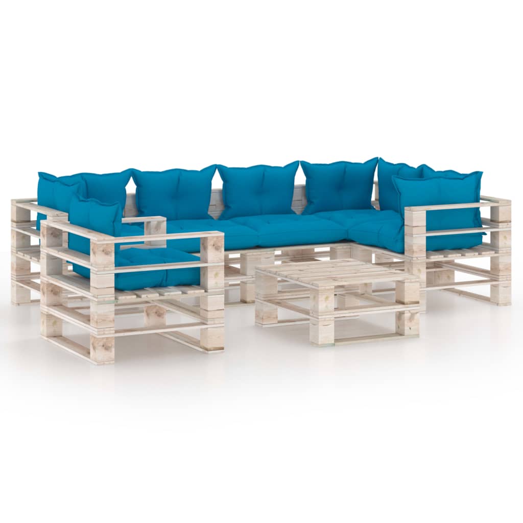 Set mobilier de gradina din paleti cu 6 piese cu perne colorate incluse, vidaXL, Lemn, 70 x 67.5 x 62 cm, Albastru deschis