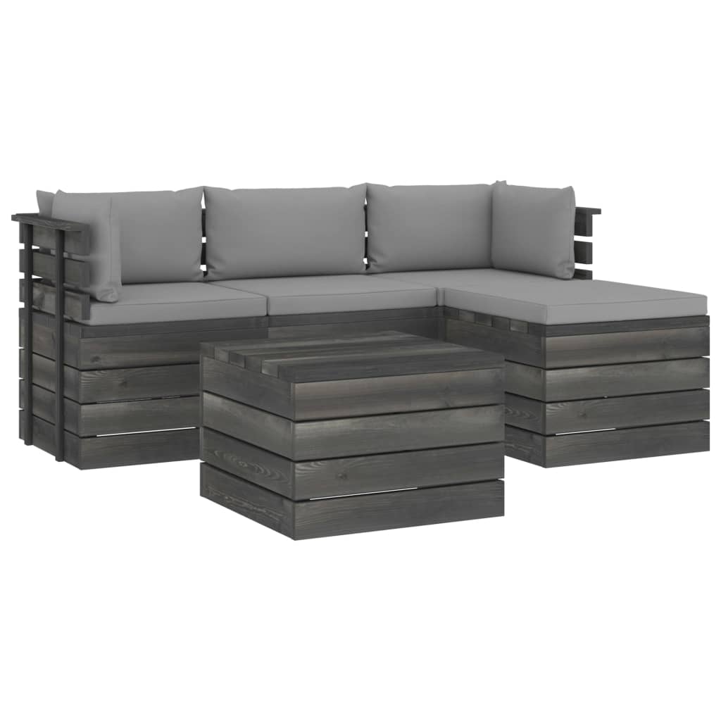 Set mobilier de gradina cu 5 piese cu spatar cu 9 perne incluse, vidaXL, Lemn, 60 x 65 x 71.5 cm, Gri