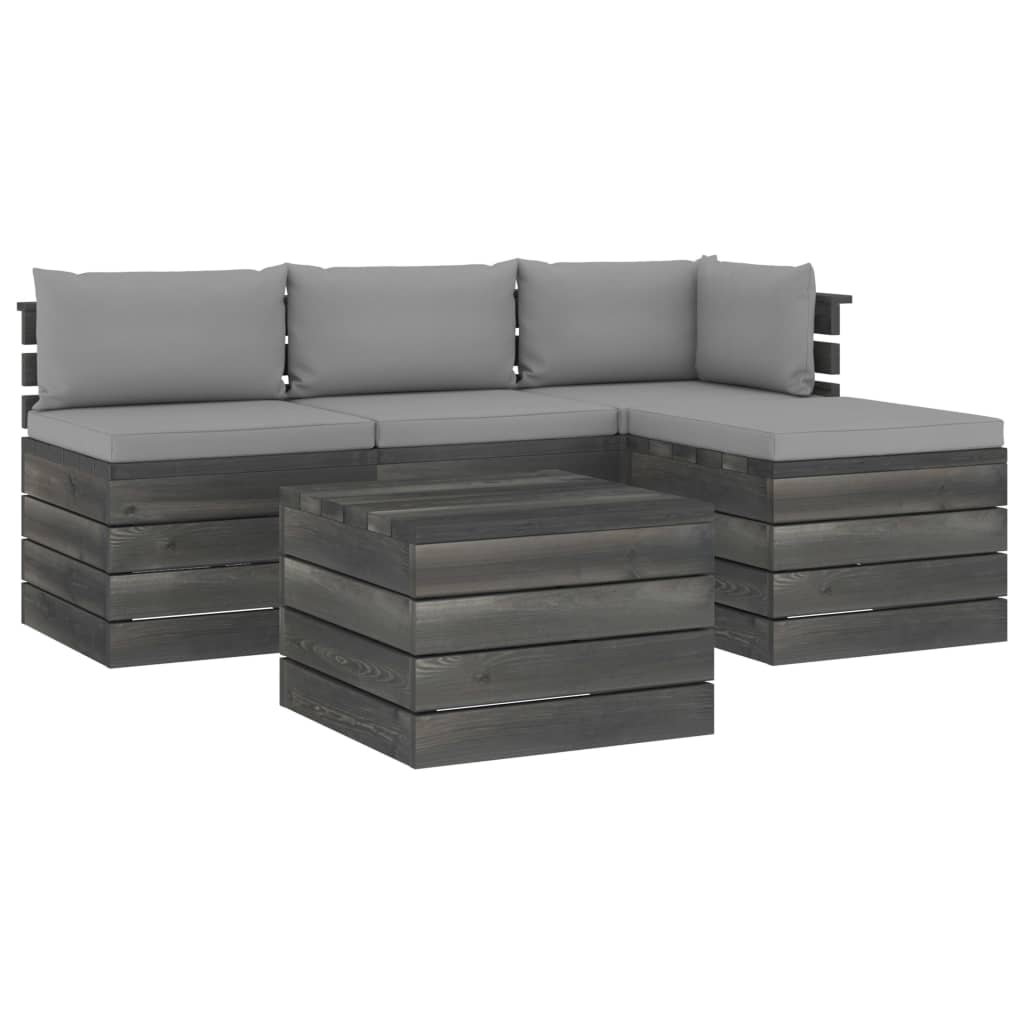 Set mobilier de gradina cu 5 piese cu 9 perne incluse, vidaXL, Lemn, 60 x 65 x 71.5 cm, Gri