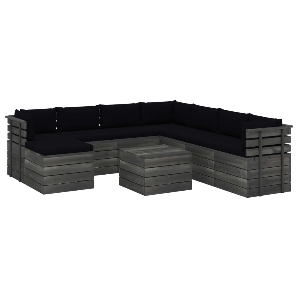 Set mobilier de gradina cu 9 piese cu perne incluse, vidaXL, Lemn, 60 x 65 x 71.5 cm, Negru