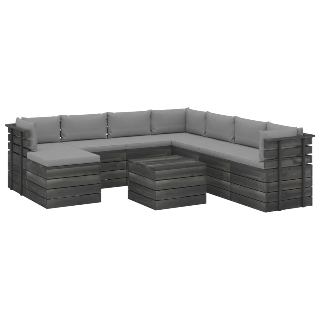 Set mobilier de gradina cu 9 piese cu perne incluse, vidaXL, Lemn, 60 x 65 x 71.5 cm, Gri