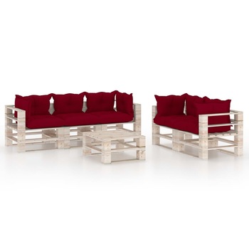 Set mobilier de gradina cu 5 corpuri de canapea cu perne si 1 masa din paleti, vidaXL, Lemn, 70 x 67.5 x 62 cm, Rosu inchis